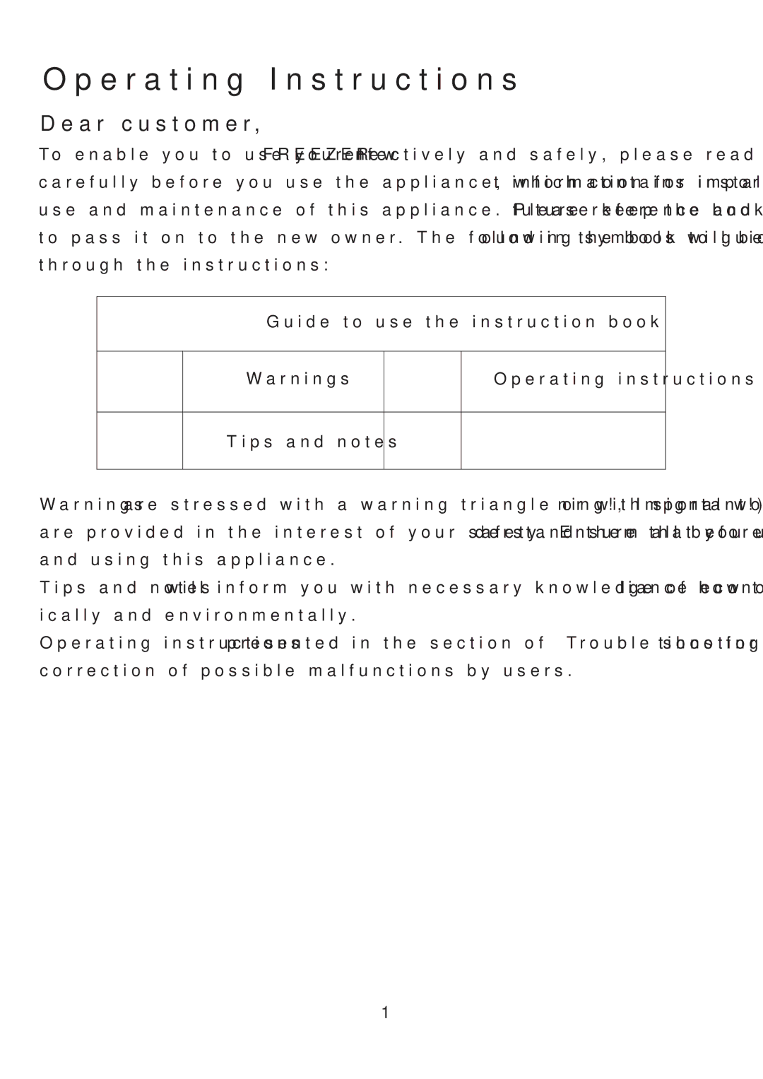 Ariston UP 350 FI (FE) manual Operating Instructions, Dear customer 