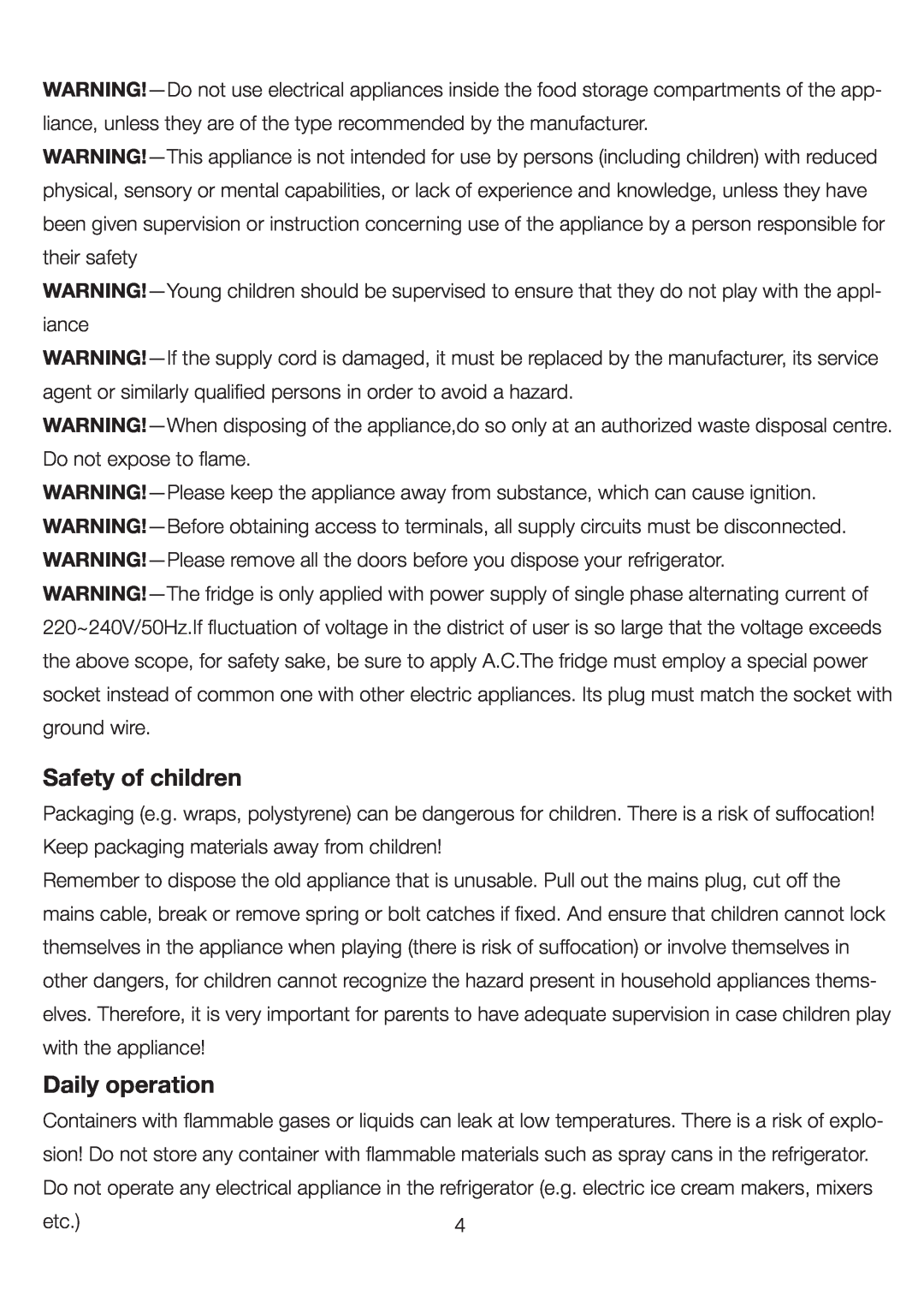 Ariston UP 350 FI (FE) manual Safety of children, Daily operation 