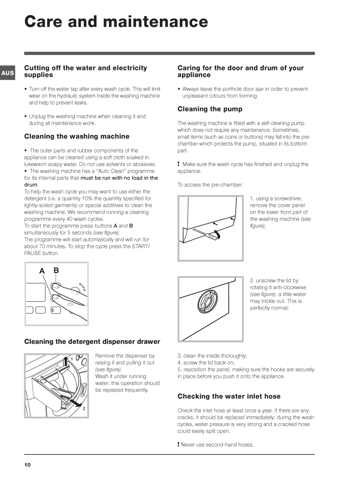 Ariston WMG 829 manual Care and maintenance 