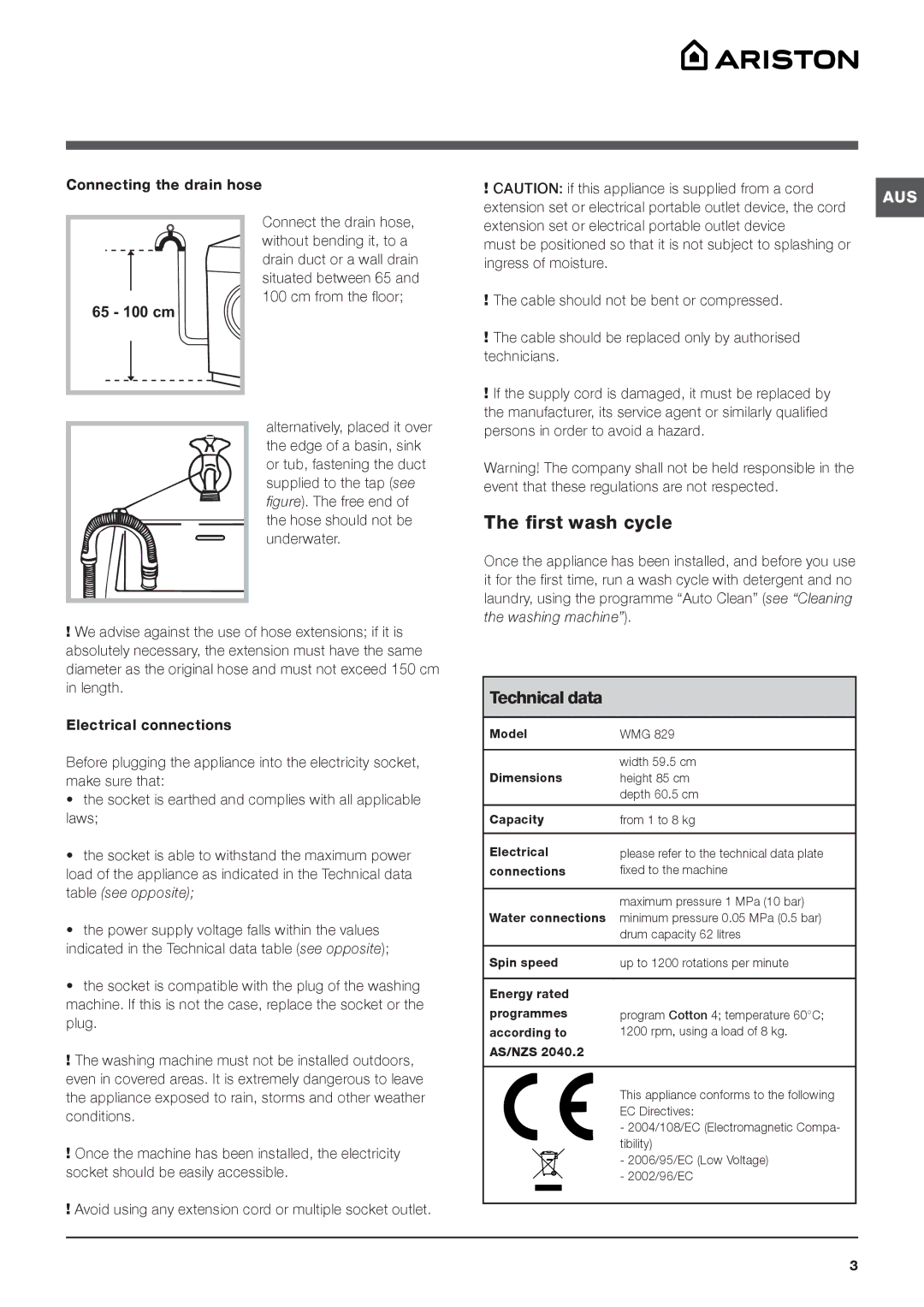 Ariston WMG 829 manual First wash cycle, 65 100 cm 