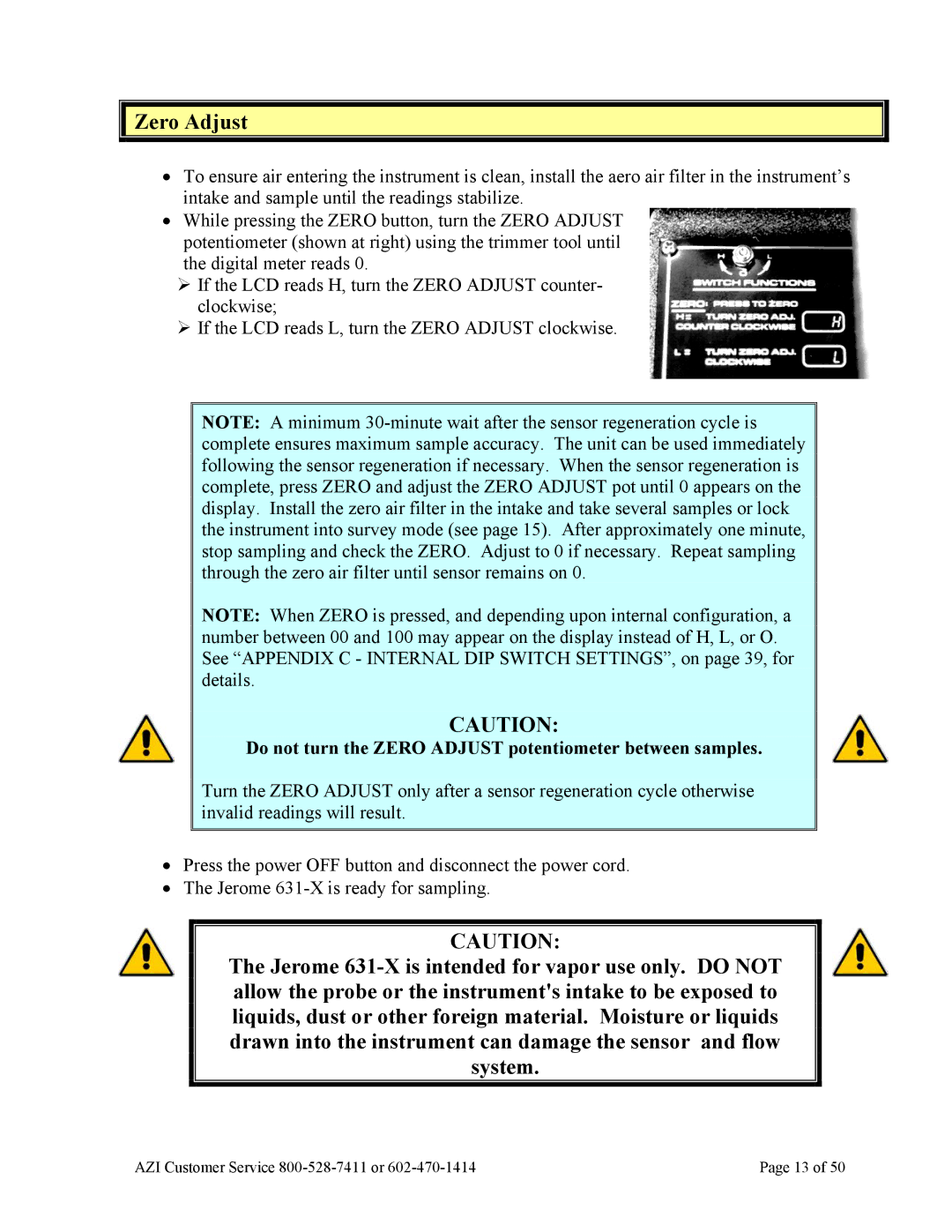 Arizona Jerome 631-X operation manual Do not turn the Zero Adjust potentiometer between samples 