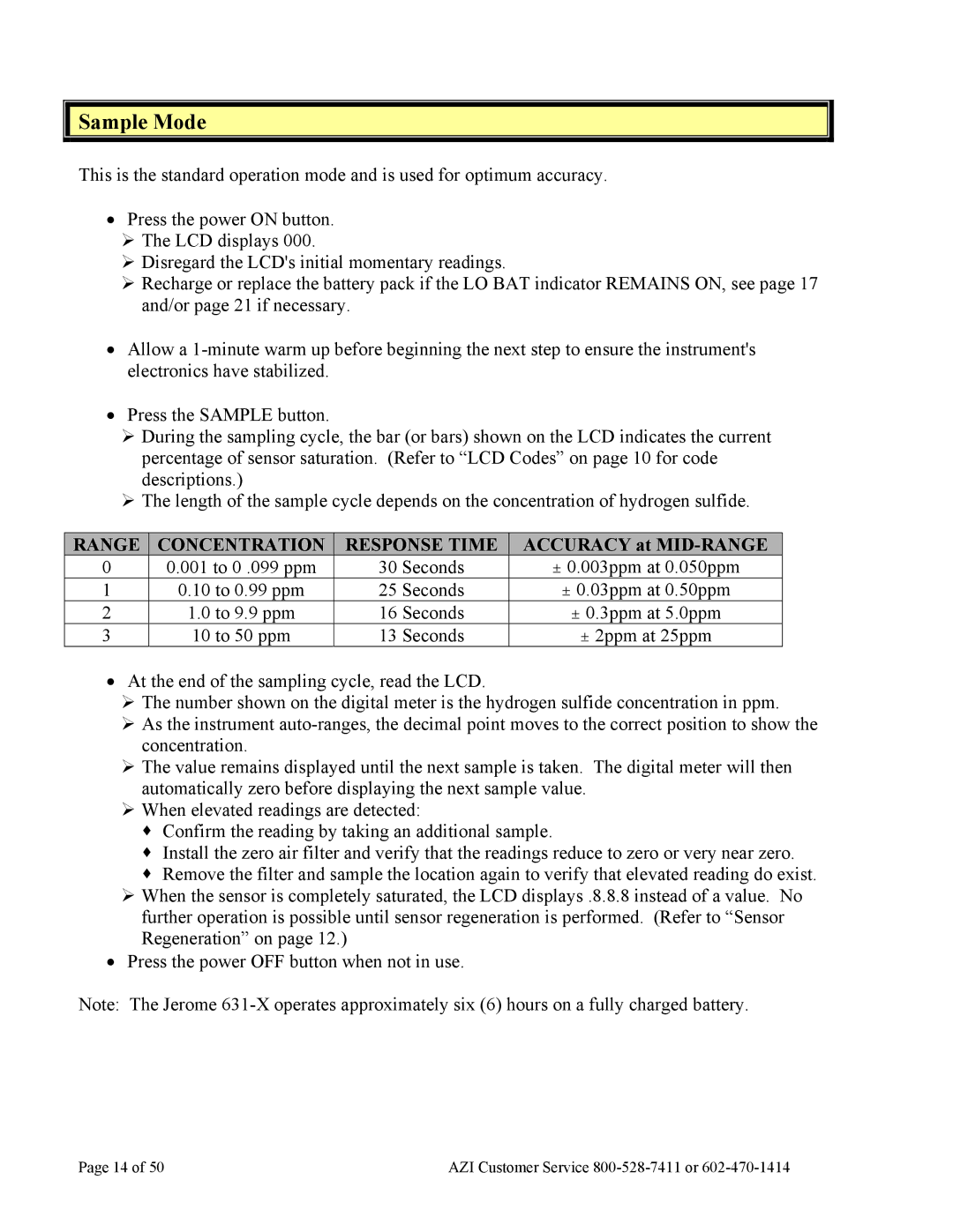 Arizona Jerome 631-X operation manual Sample Mode, Accuracy at MID-RANGE 