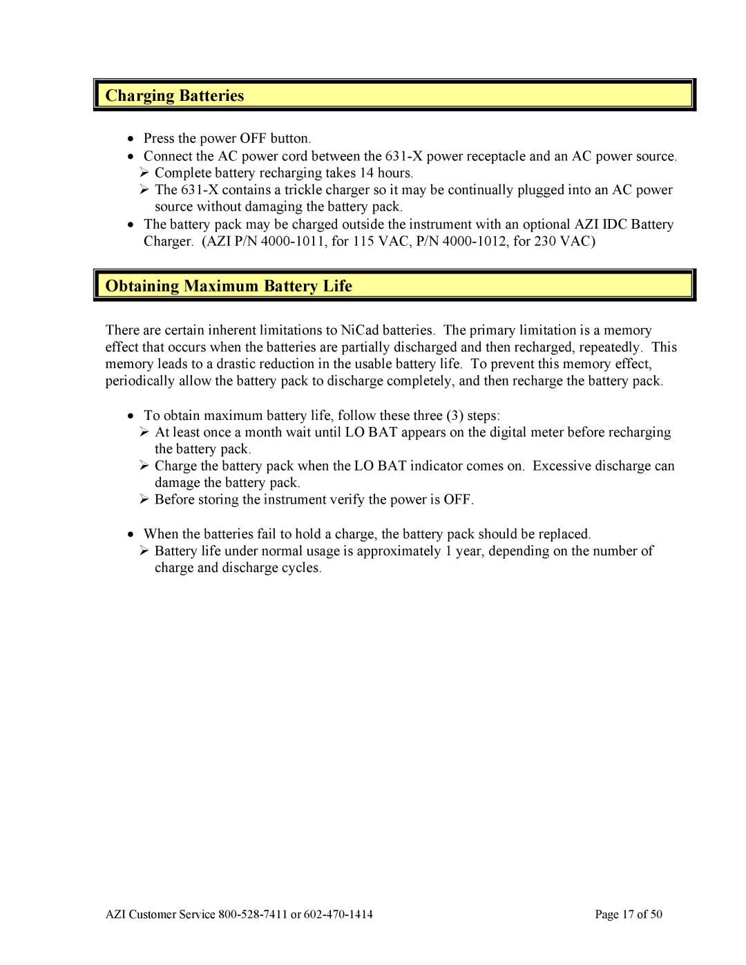 Arizona Jerome 631-X operation manual Charging Batteries, Obtaining Maximum Battery Life 