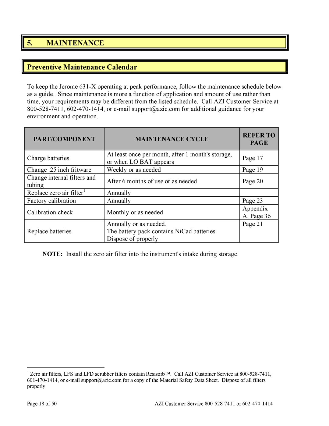 Arizona Jerome 631-X operation manual Preventive Maintenance Calendar 