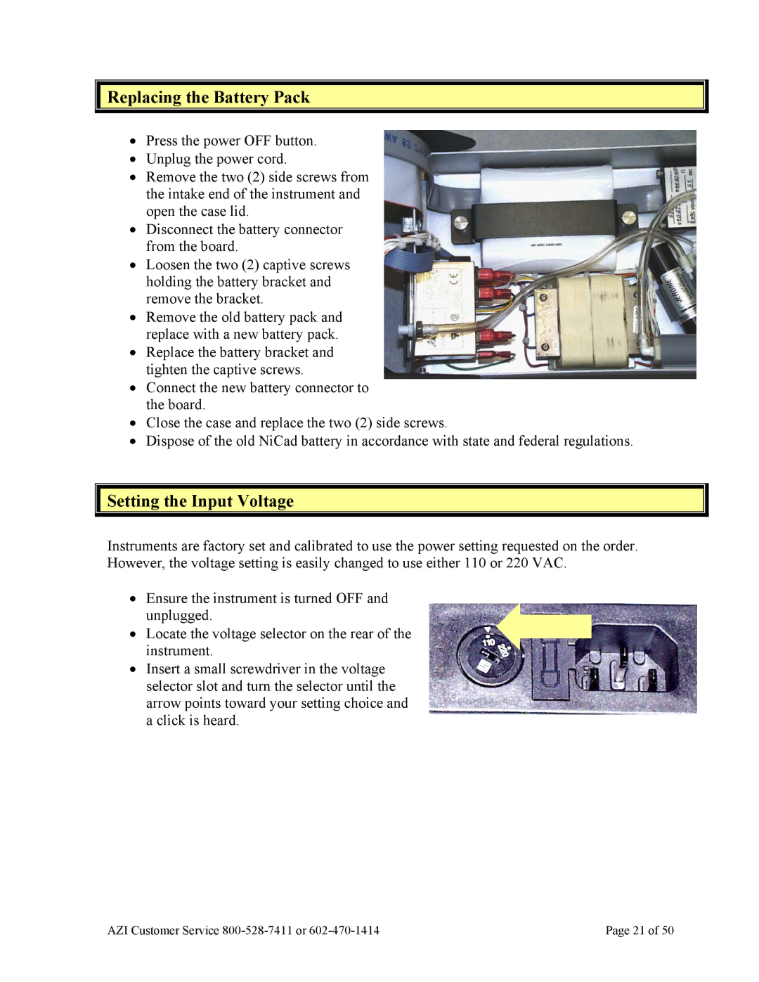 Arizona Jerome 631-X operation manual Replacing the Battery Pack, Setting the Input Voltage 