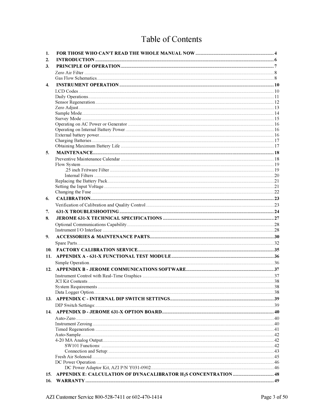 Arizona Jerome 631-X operation manual Table of Contents 