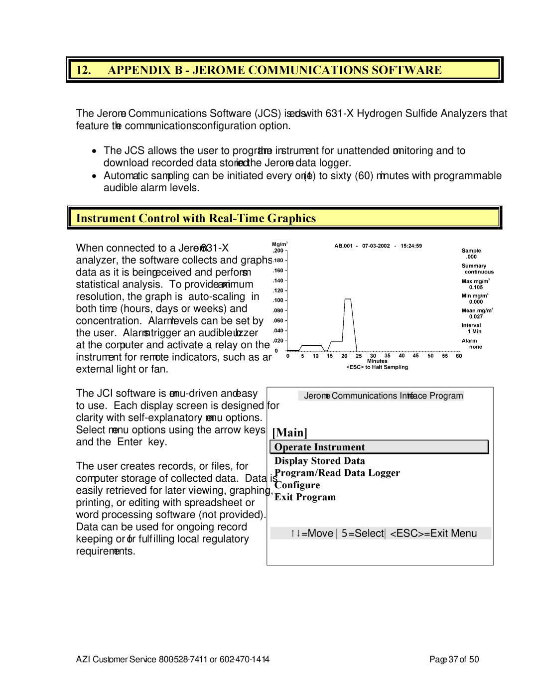 Arizona Jerome 631-X Appendix B Jerome Communications Software, Instrument Control with Real-Time Graphics, Main 