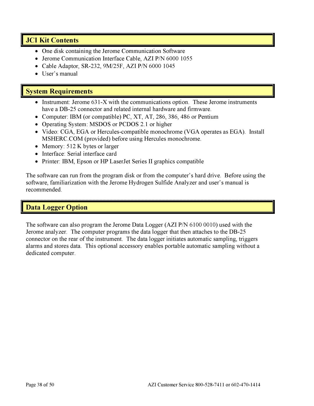 Arizona Jerome 631-X operation manual JCI Kit Contents, System Requirements, Data Logger Option 