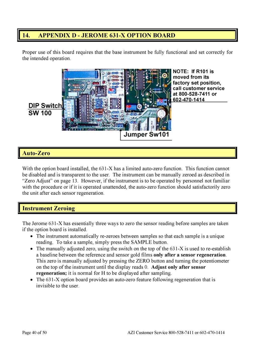 Arizona operation manual Appendix D Jerome 631-X Option Board, Auto-Zero, Instrument Zeroing 