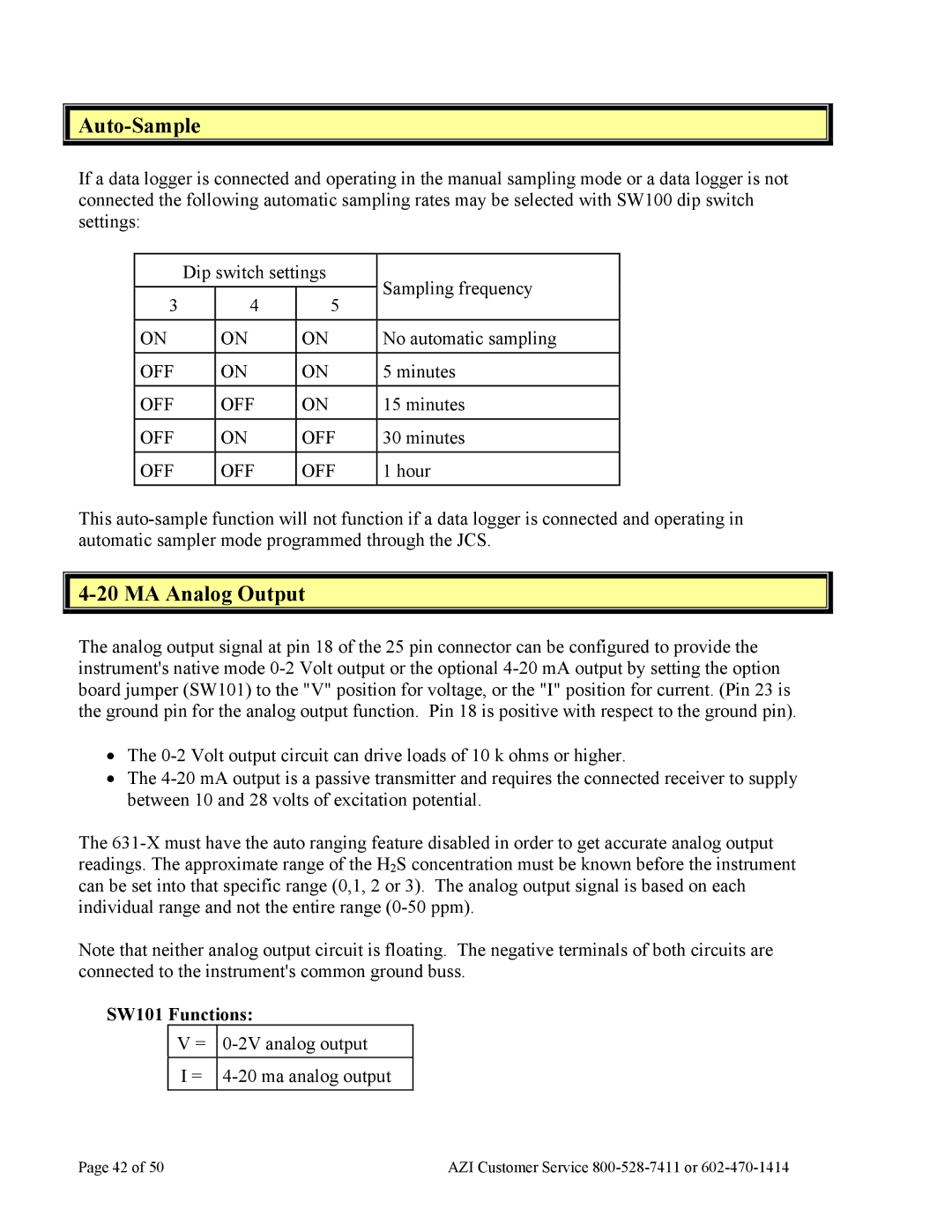 Arizona Jerome 631-X operation manual Auto-Sample, MA Analog Output, SW101 Functions 