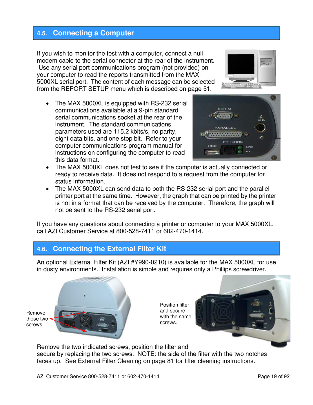 Arizona MAX-5000XL user manual Connecting a Computer, Connecting the External Filter Kit 