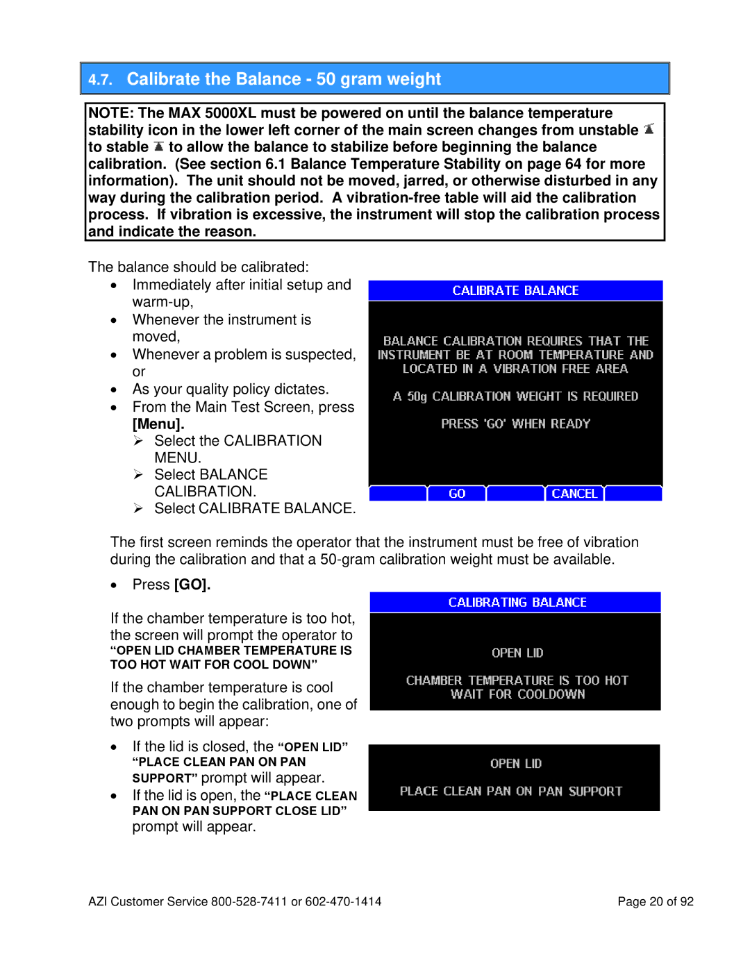 Arizona MAX-5000XL user manual Calibrate the Balance 50 gram weight, Menu 