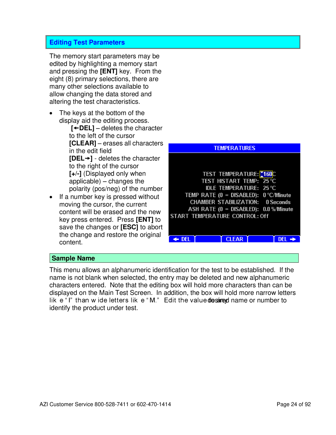 Arizona MAX-5000XL user manual Editing Test Parameters, Sample Name 