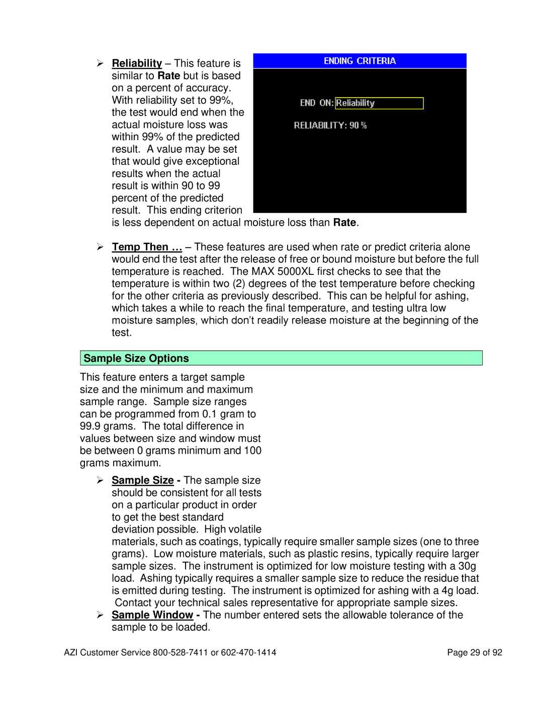 Arizona MAX-5000XL user manual Sample Size Options 