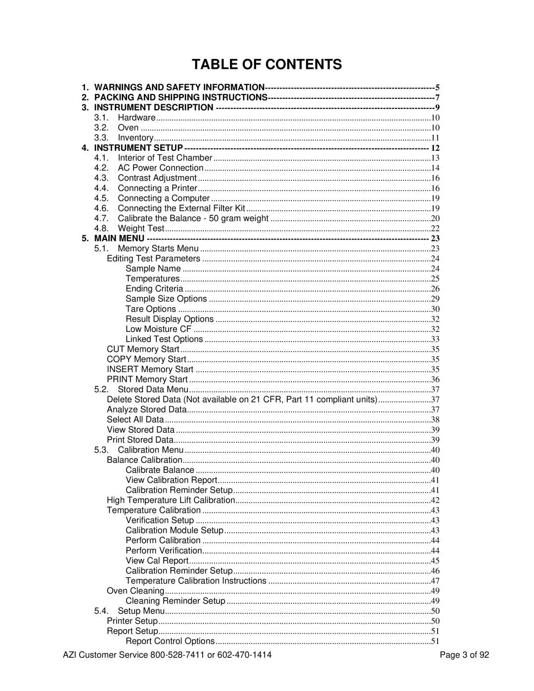 Arizona MAX-5000XL user manual Table of Contents 