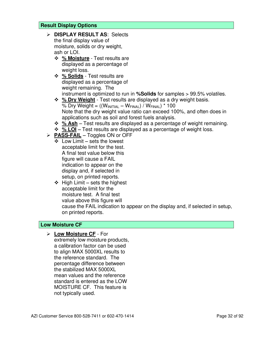 Arizona MAX-5000XL user manual Result Display Options, Low Moisture CF 