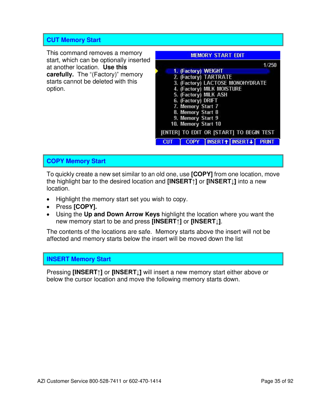 Arizona MAX-5000XL user manual CUT Memory Start, Copy Memory Start, ∙ Press Copy, Insert Memory Start 