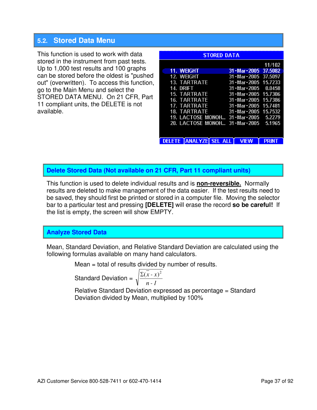 Arizona MAX-5000XL user manual Stored Data Menu, Analyze Stored Data 