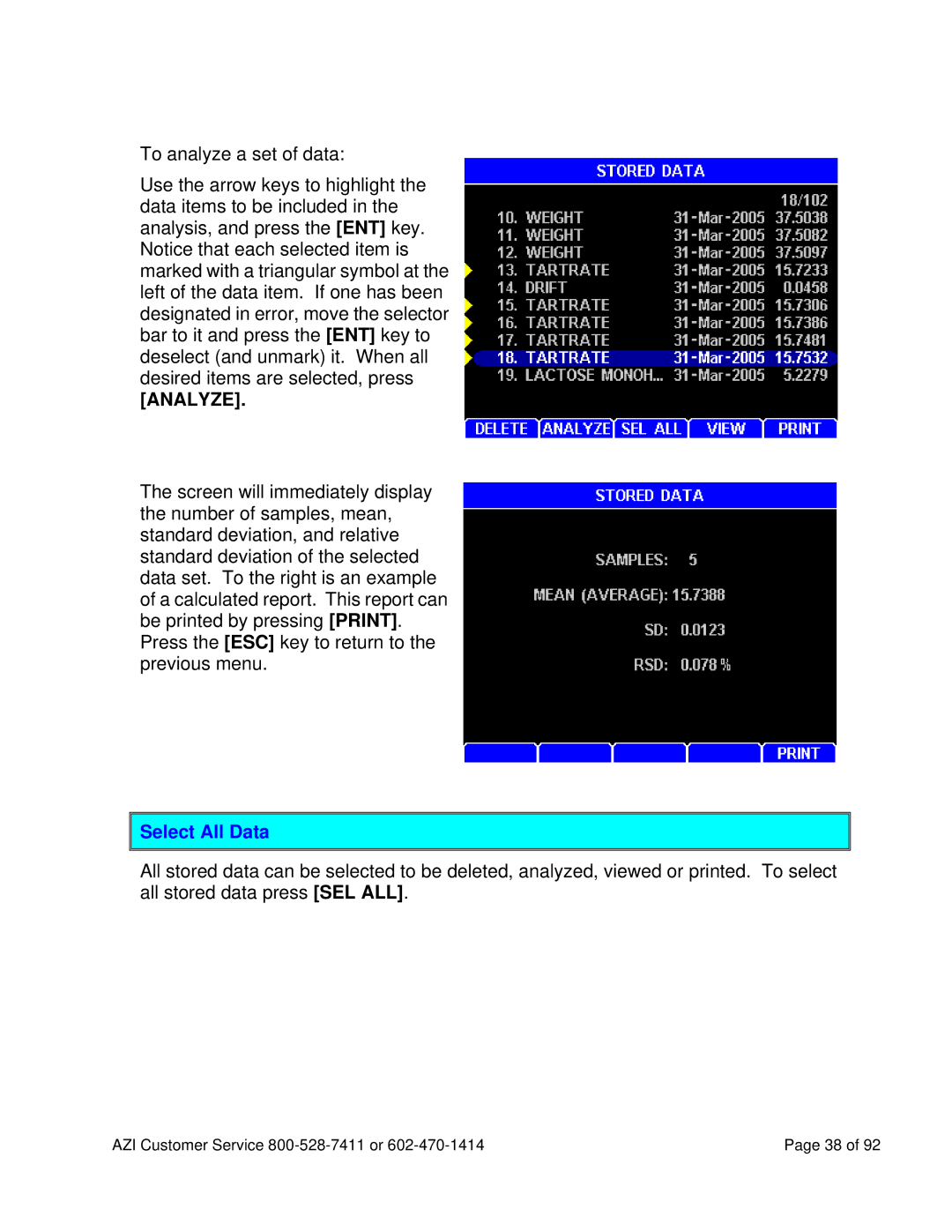 Arizona MAX-5000XL user manual Analyze, Select All Data 