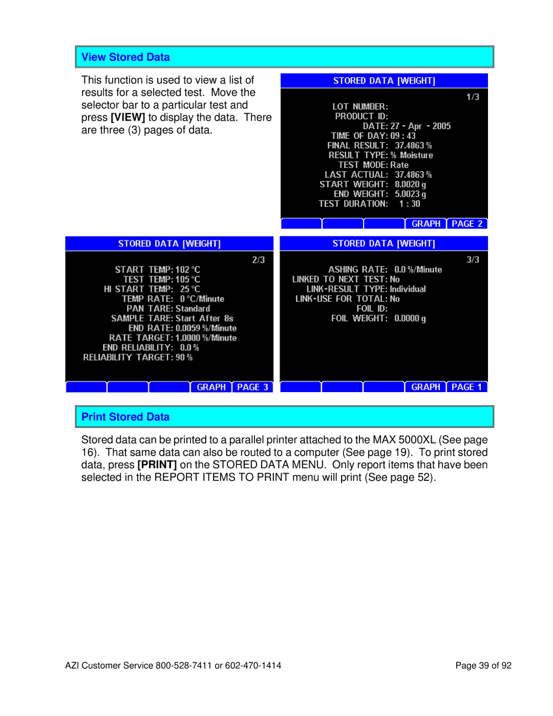 Arizona MAX-5000XL user manual View Stored Data, Print Stored Data 