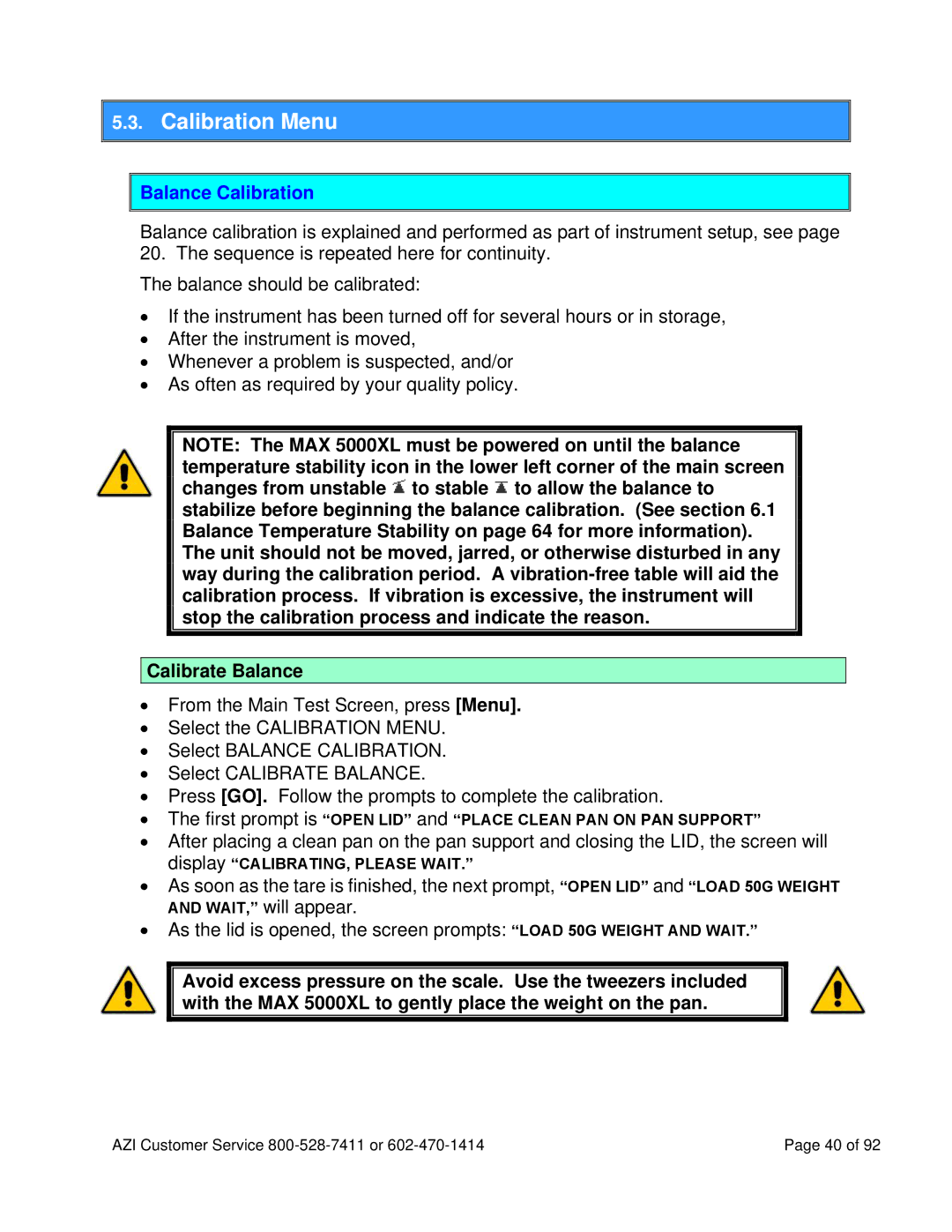 Arizona MAX-5000XL user manual Calibration Menu, Balance Calibration, Calibrate Balance 