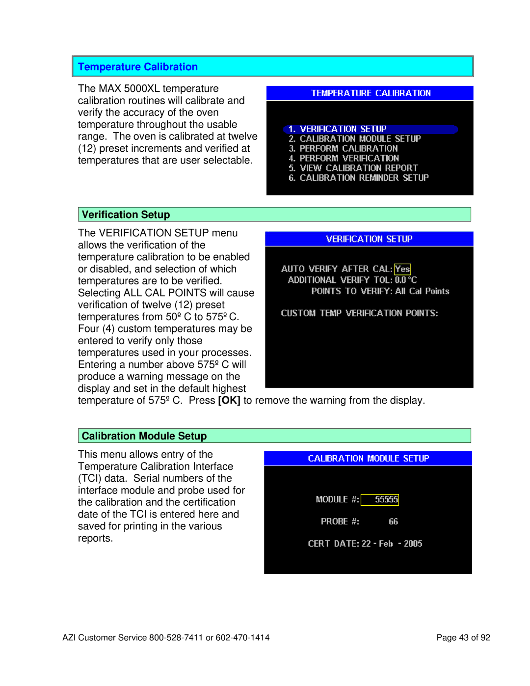 Arizona MAX-5000XL user manual Temperature Calibration, Verification Setup, Calibration Module Setup 