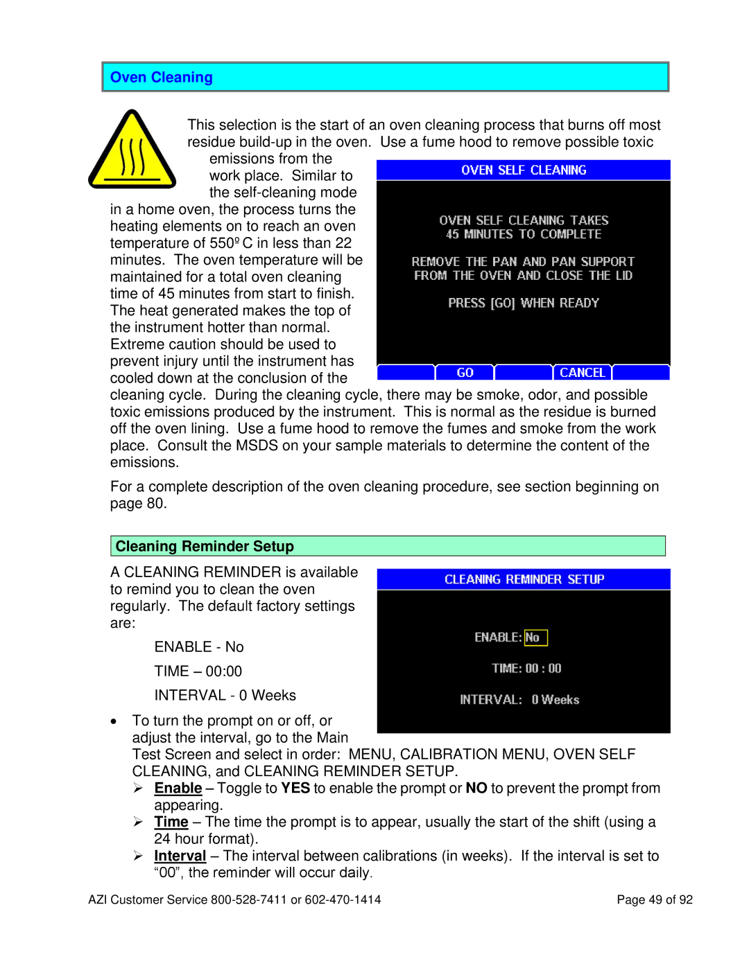 Arizona MAX-5000XL user manual Oven Cleaning, Cleaning Reminder Setup 