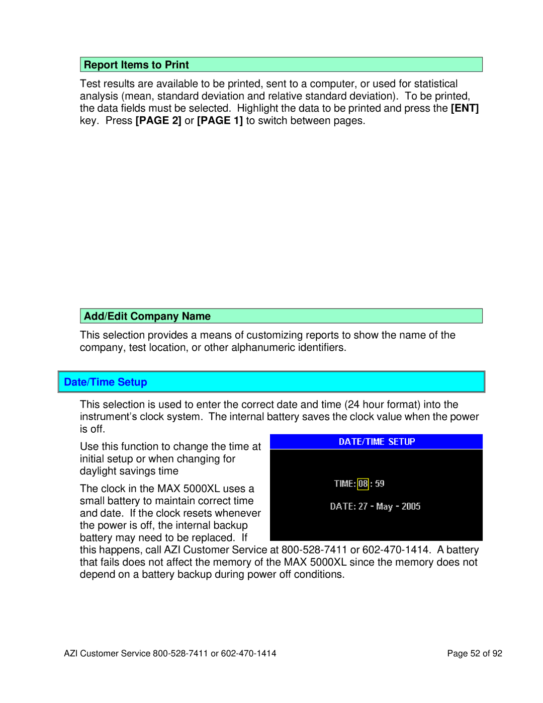 Arizona MAX-5000XL user manual Report Items to Print, Add/Edit Company Name, Date/Time Setup 