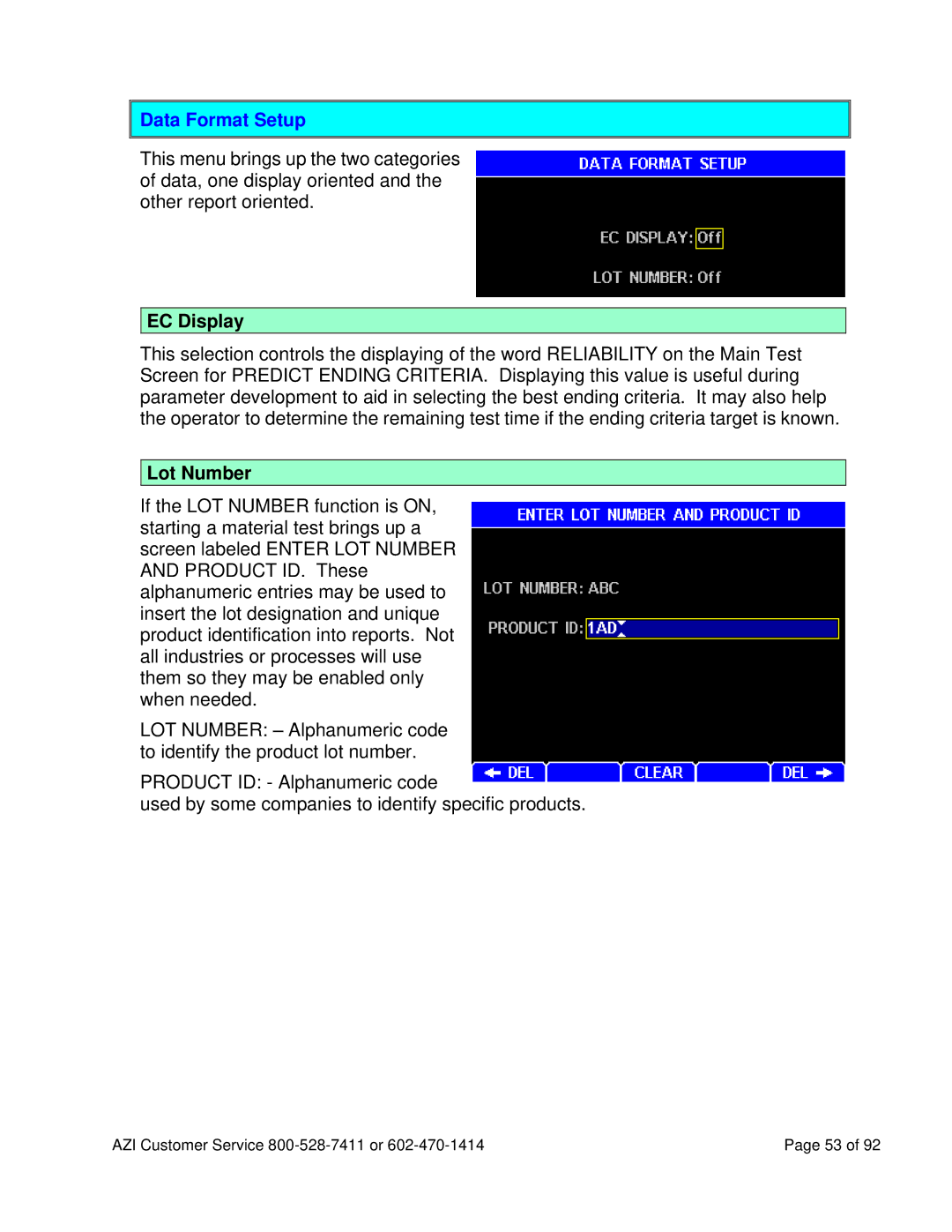 Arizona MAX-5000XL user manual Data Format Setup, EC Display, Lot Number 