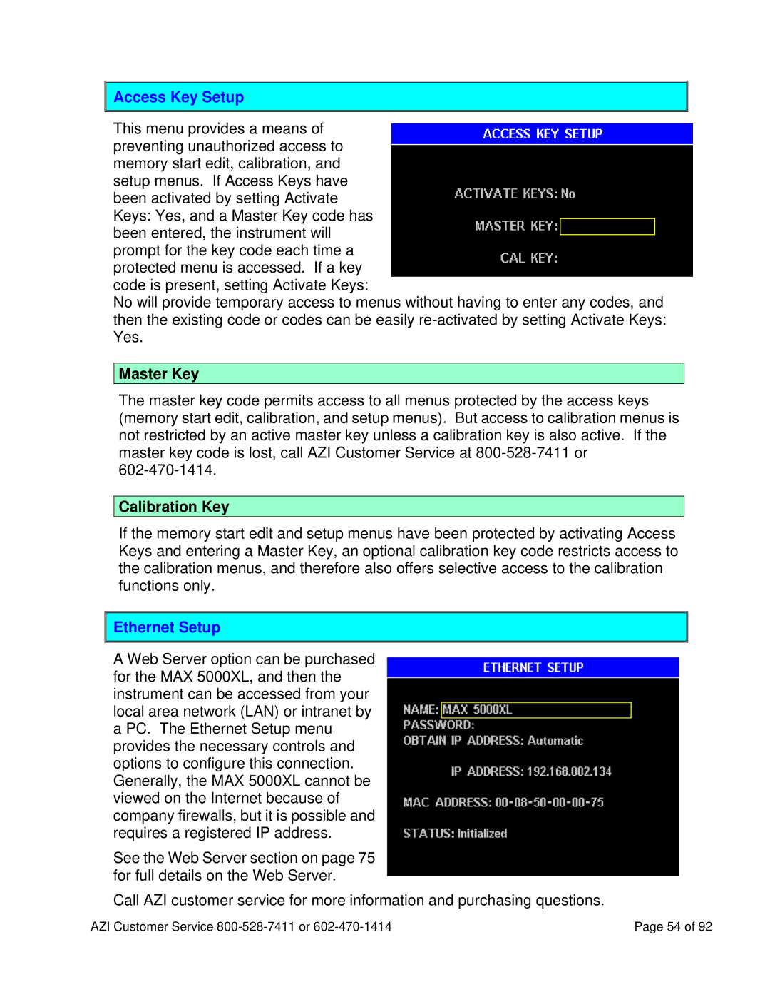 Arizona MAX-5000XL user manual Access Key Setup, Master Key, Calibration Key, Ethernet Setup 