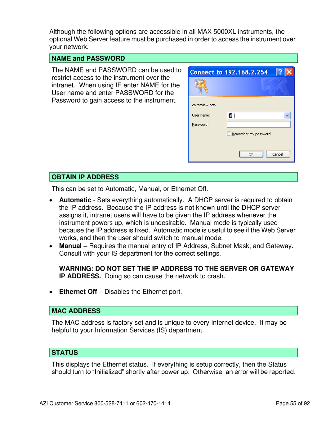 Arizona MAX-5000XL user manual Name and Password, Obtain IP Address 