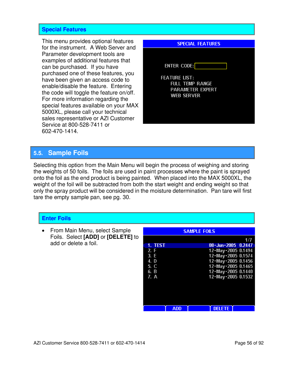 Arizona MAX-5000XL user manual Sample Foils, Special Features, Enter Foils 