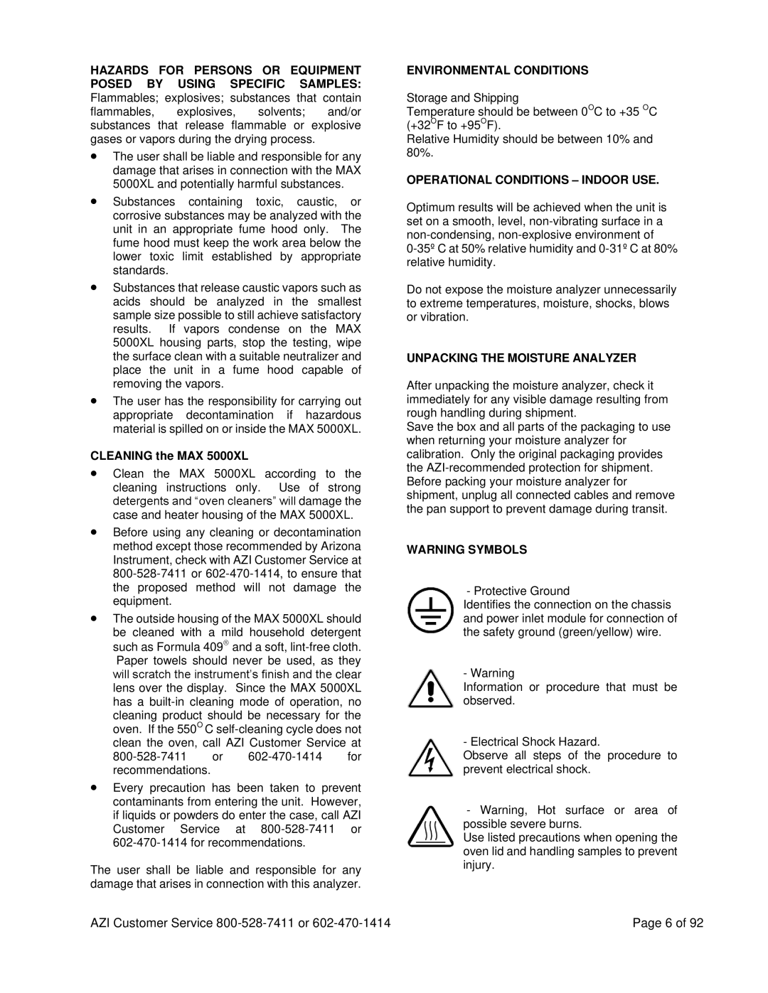 Arizona MAX-5000XL user manual Environmental Conditions 