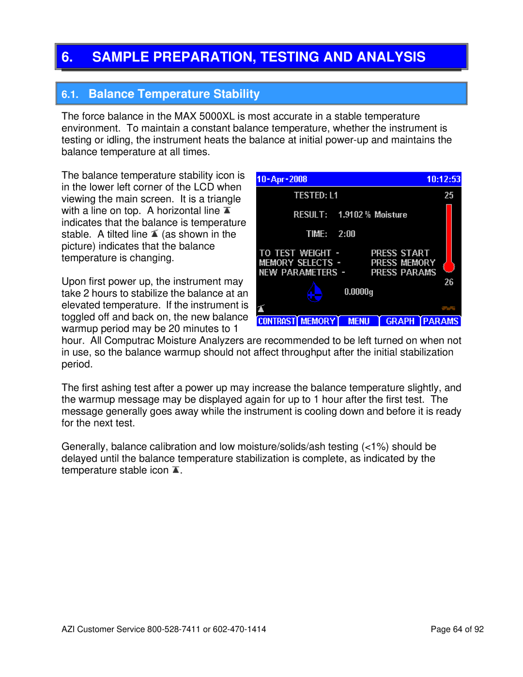 Arizona MAX-5000XL user manual Sample PREPARATION, Testing and Analysis, Balance Temperature Stability 