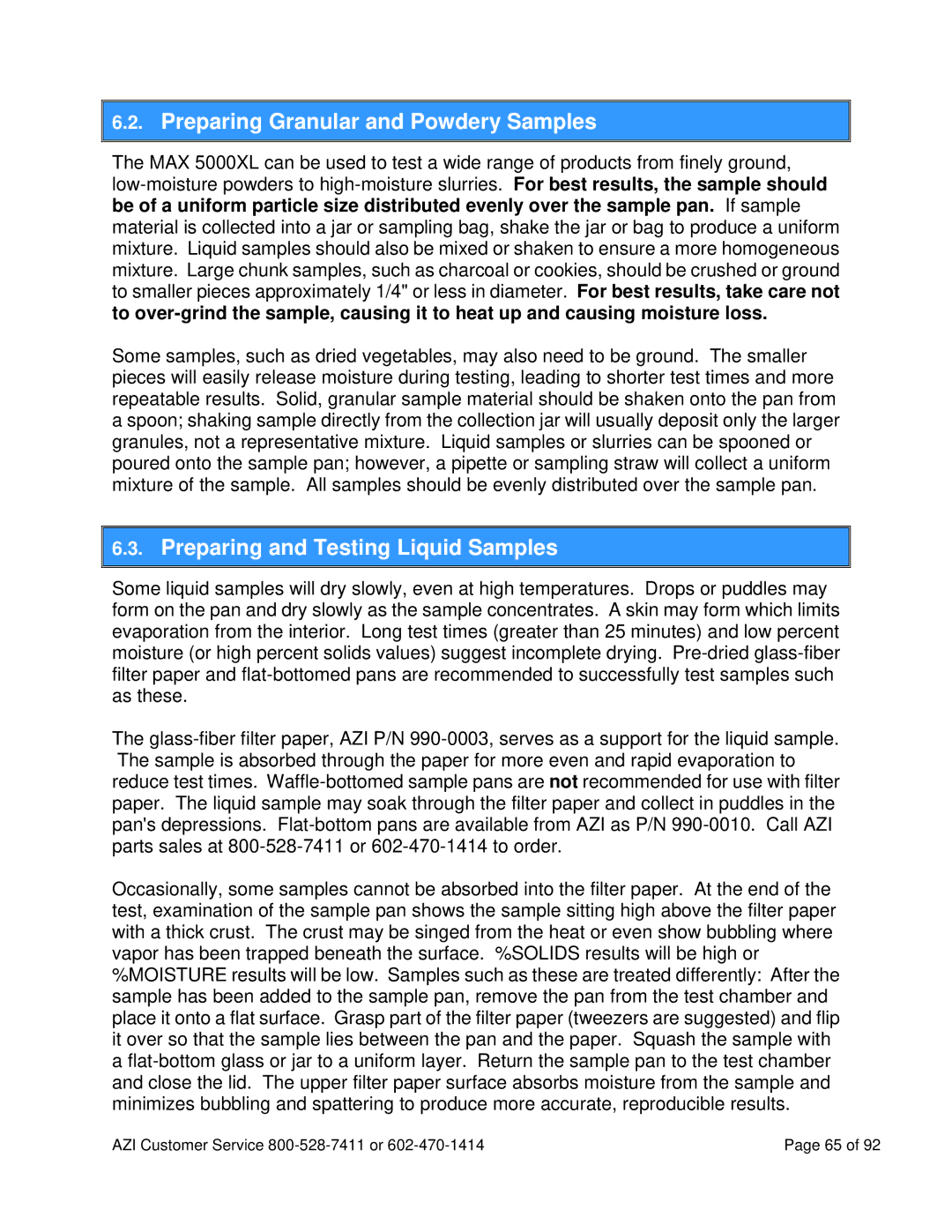 Arizona MAX-5000XL user manual Preparing Granular and Powdery Samples, Preparing and Testing Liquid Samples 