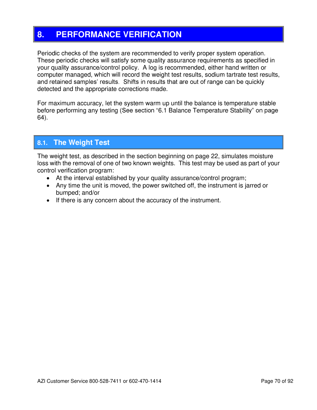 Arizona MAX-5000XL user manual Performance Verification, Weight Test 