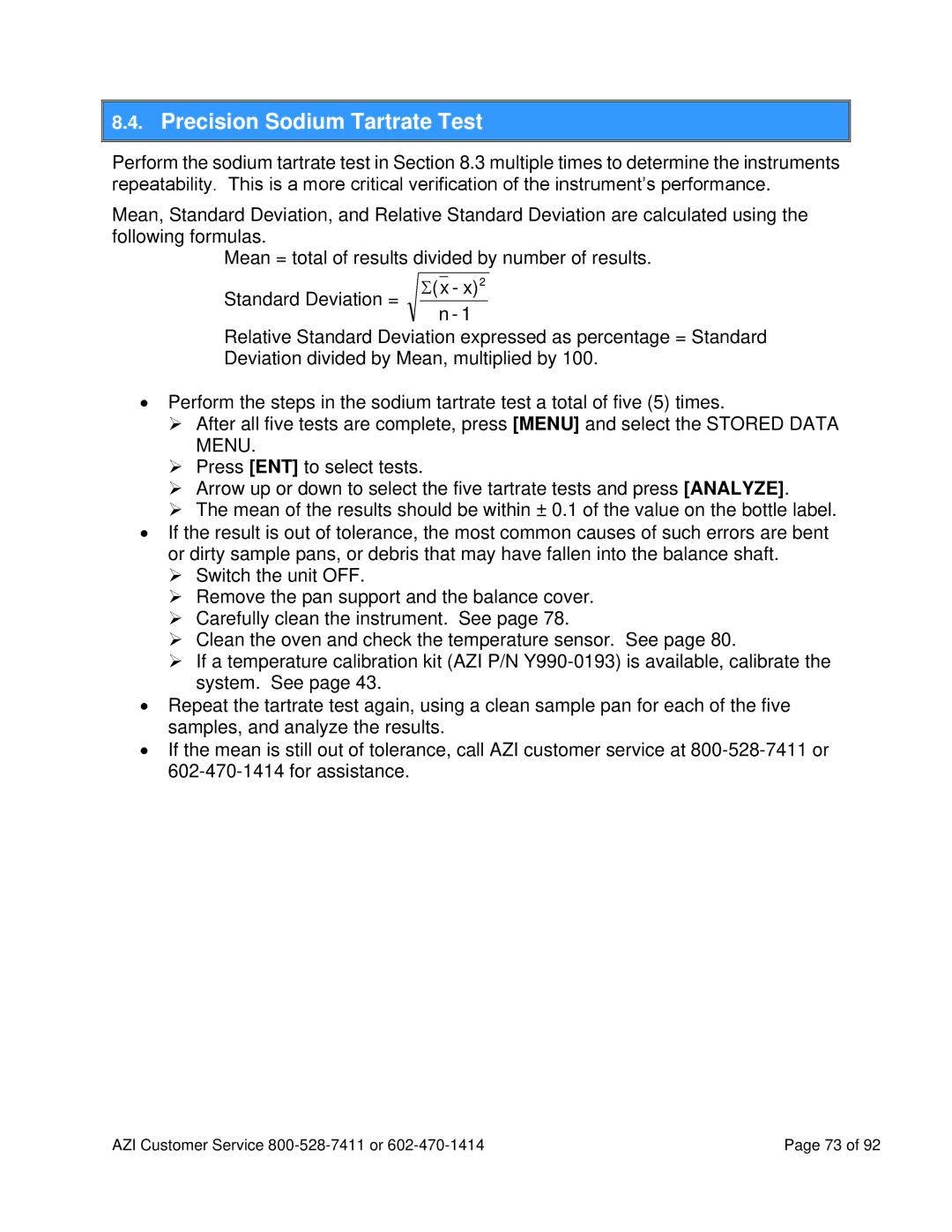 Arizona MAX-5000XL user manual Precision Sodium Tartrate Test 