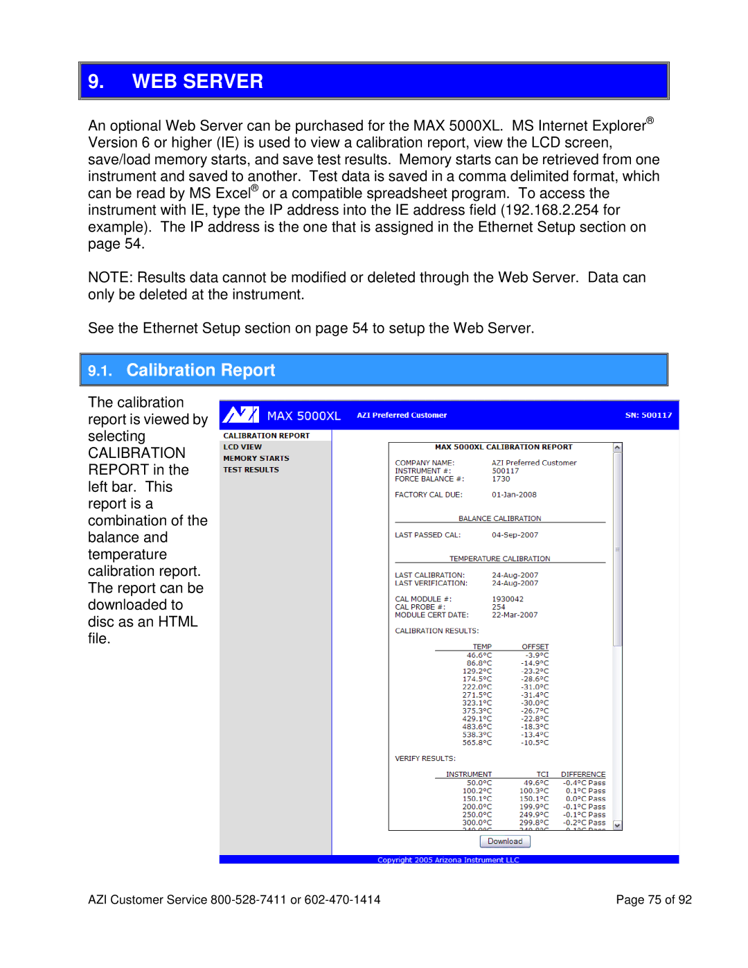 Arizona MAX-5000XL user manual WEB Server, Calibration Report 