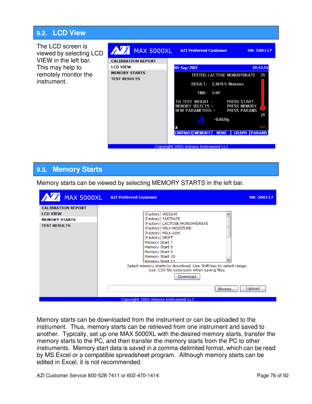 Arizona MAX-5000XL user manual LCD View, Memory Starts 