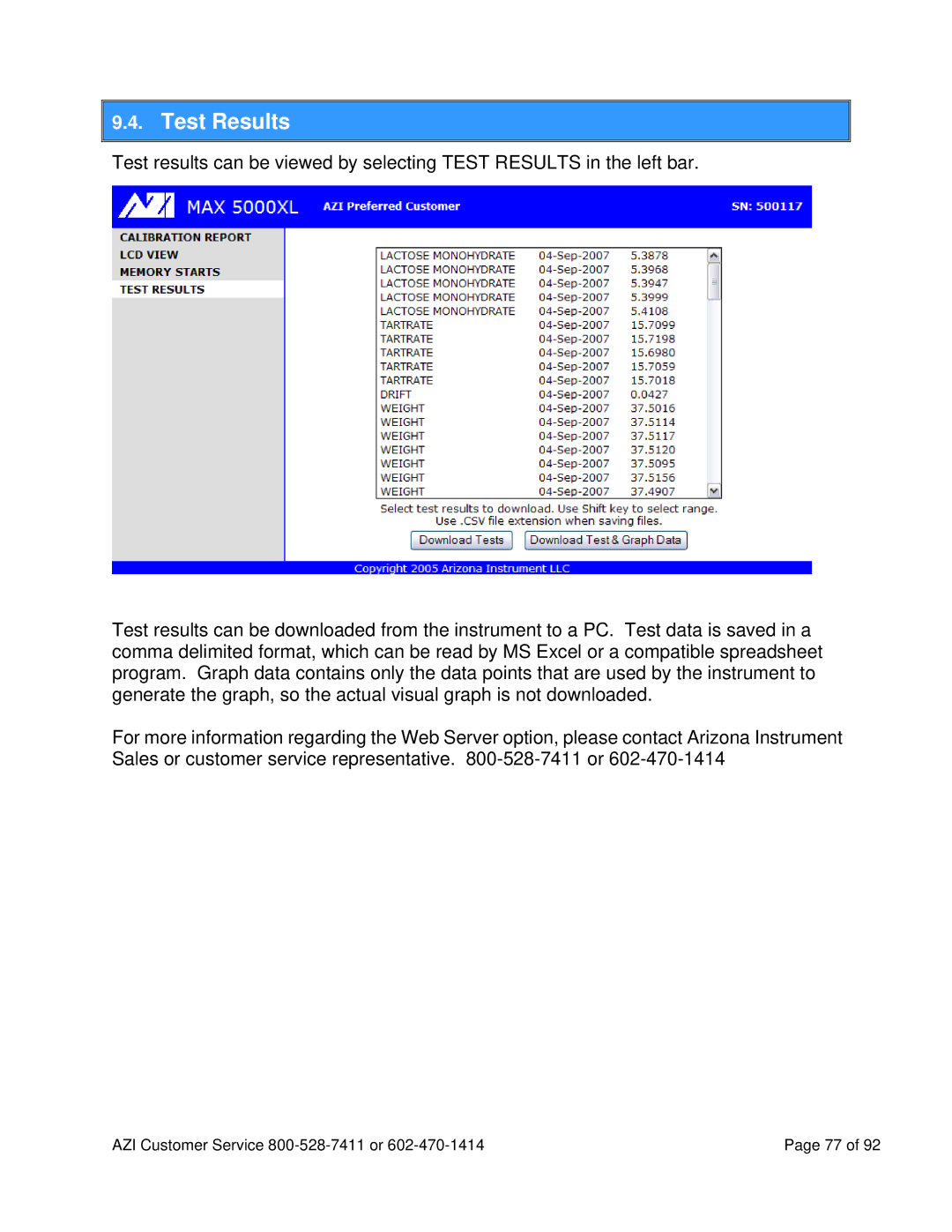 Arizona MAX-5000XL user manual Test Results 