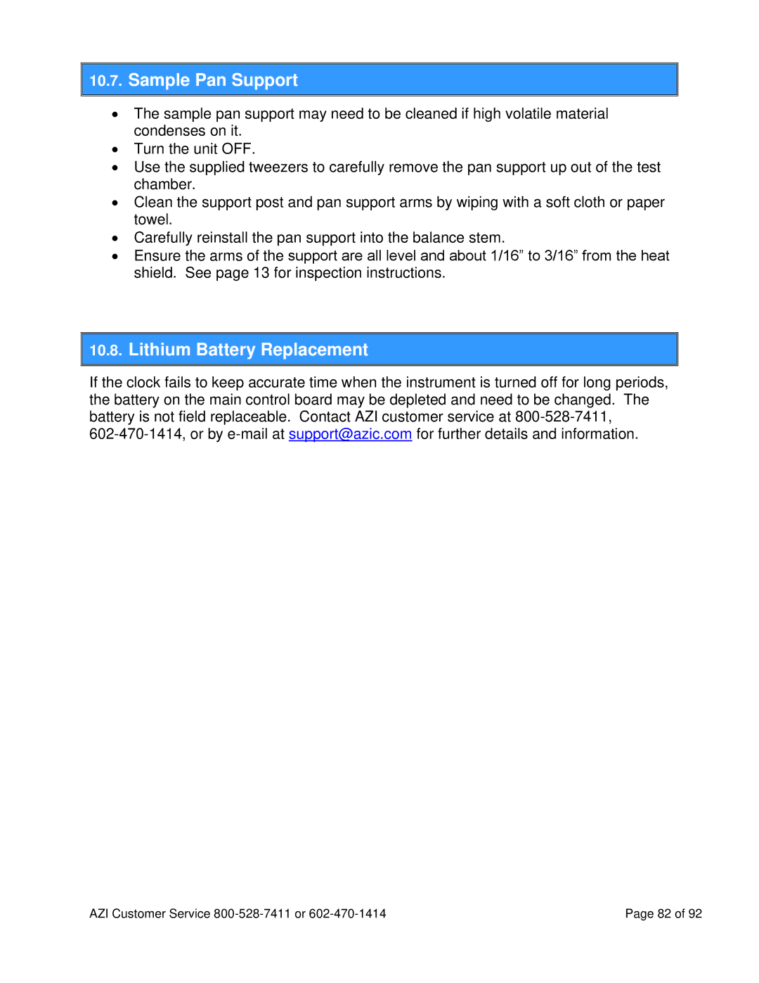 Arizona MAX-5000XL user manual Sample Pan Support, Lithium Battery Replacement 