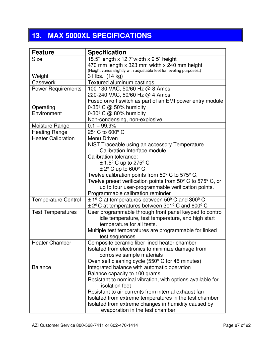 Arizona MAX-5000XL user manual MAX 5000XL Specifications, Feature Specification 