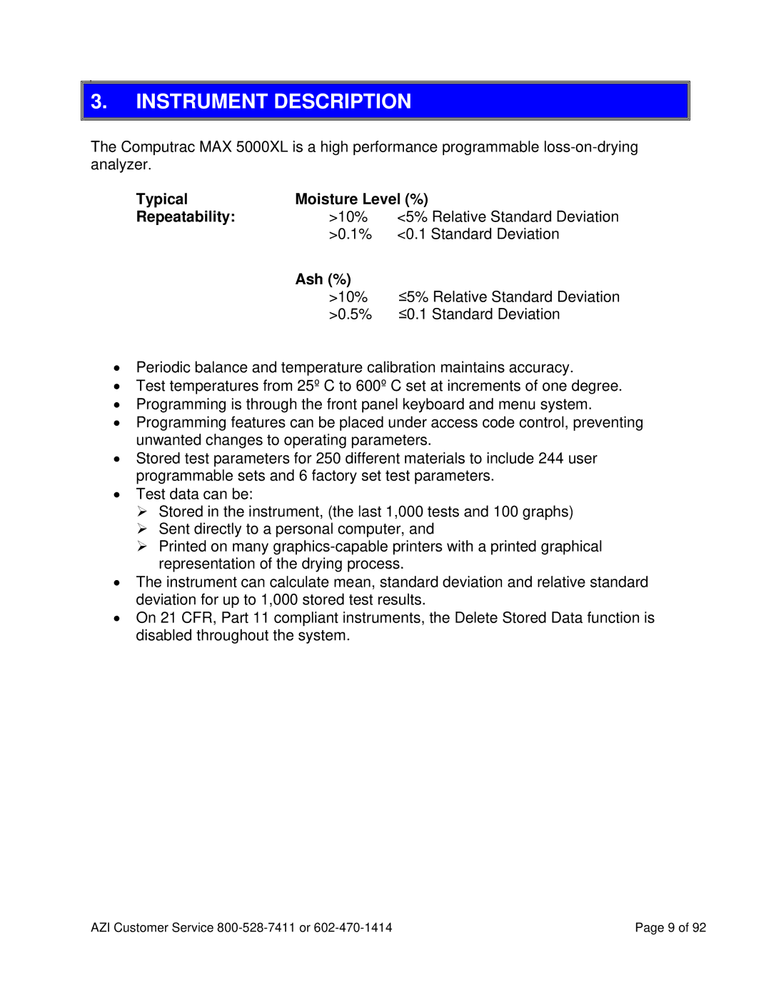 Arizona MAX-5000XL user manual Instrument Description, Typical Moisture Level % Repeatability, Ash % 