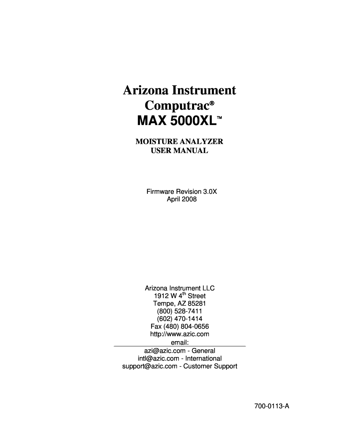 Arizona MAX-5000XL user manual Arizona Instrument Computrac, MAX 5000XL, Moisture Analyzer User Manual 