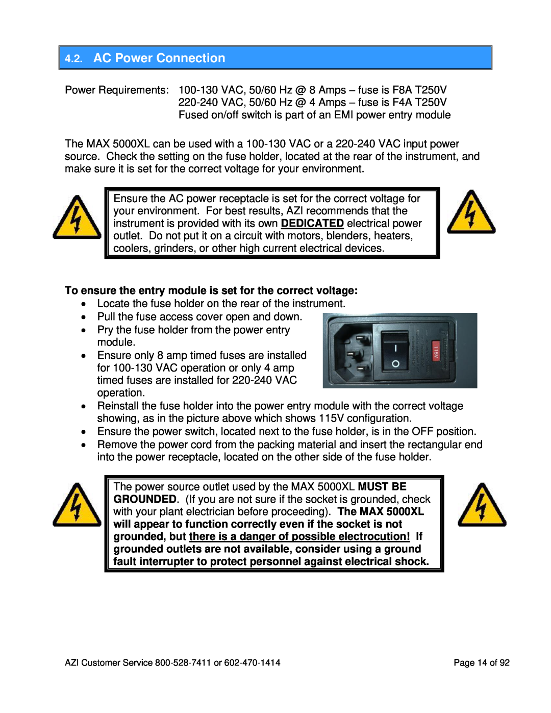 Arizona MAX-5000XL user manual AC Power Connection, To ensure the entry module is set for the correct voltage 