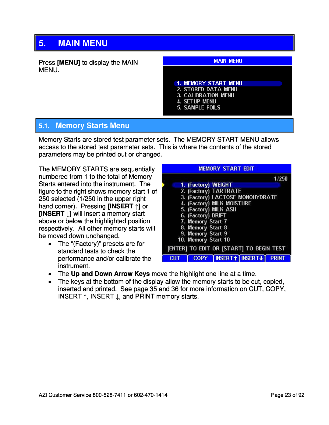 Arizona MAX-5000XL user manual Main Menu, Memory Starts Menu 