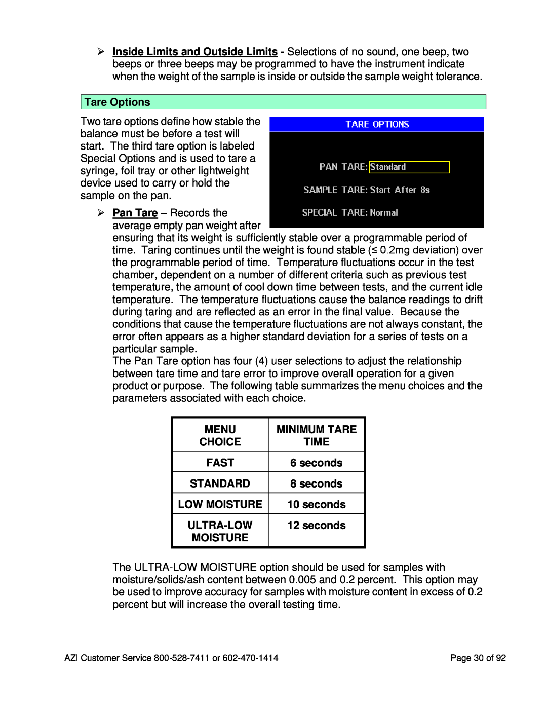 Arizona MAX-5000XL user manual Tare Options, Menu, Minimum Tare, Time, Fast, Low Moisture, Ultra-Low 