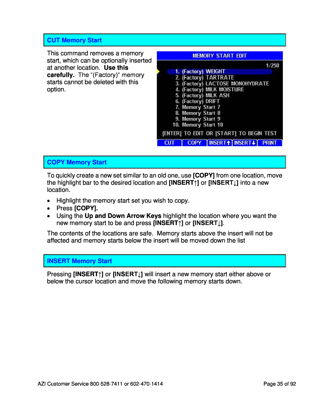 Arizona MAX-5000XL user manual CUT Memory Start, COPY Memory Start, INSERT Memory Start, ∙ Press COPY 