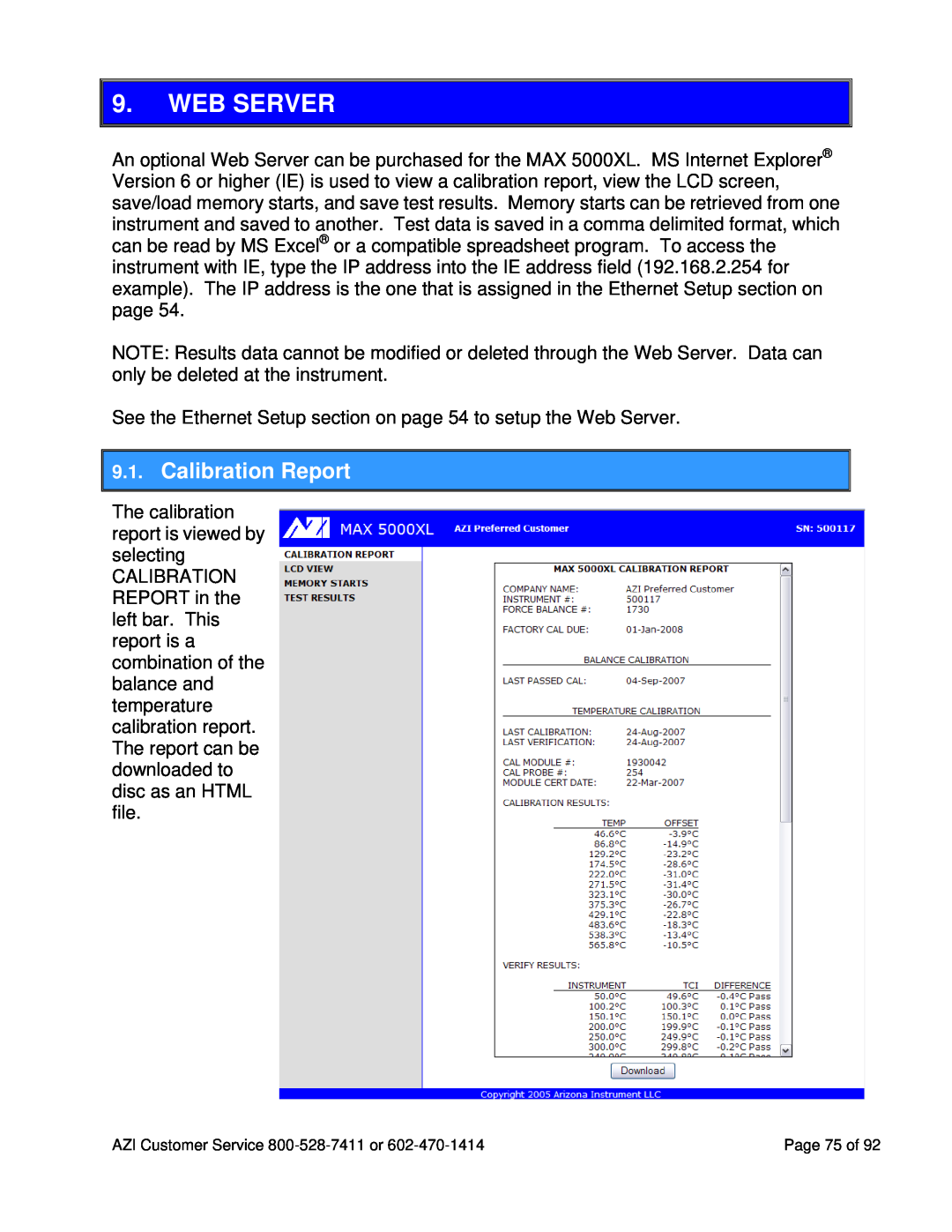 Arizona MAX-5000XL user manual Web Server, Calibration Report 