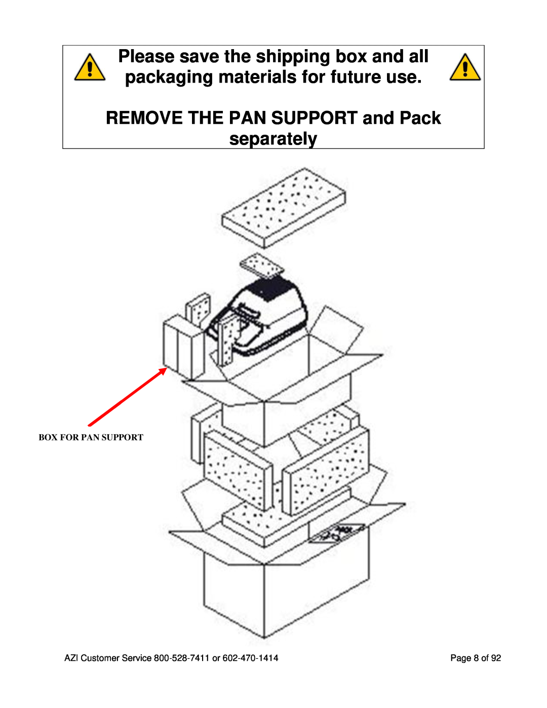 Arizona MAX-5000XL user manual REMOVE THE PAN SUPPORT and Pack separately, Box For Pan Support 